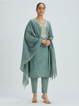 Women Plus - Women Pure Cotton Embroidered Green Kurta and Pant with Dupatta