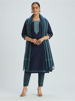 Women Plus - Women Pure Cotton Embroidered Blue Kurta and Pant with Dupatta