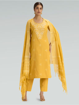 Women Plus - Women Pure Cotton Embroidered Yellow Kurta and Pant with Dupatta