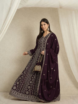 Miss Ethnik - Women Purple Chinon Embroidered Gown with Dupatta