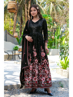 Miss Ethnik - Black Faux Georgette Embroidered Gown with Dupatta