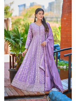 Miss Ethnik - Women's Purple Chinon Embroidered Gown with Dupatta