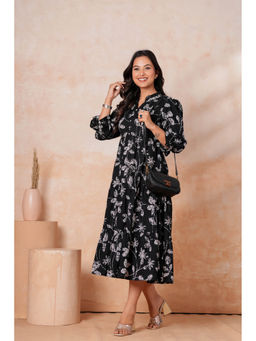 JAIPUR SARAI - Black Floral Print Fit and Flare Three-Quarter Dress