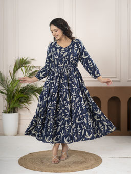 JAIPUR SARAI - Blue Floral Print A-Line Midi Dress