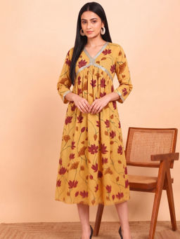 Maaesa - Women Floral Print Cotton Blend Flared Yellow Dress