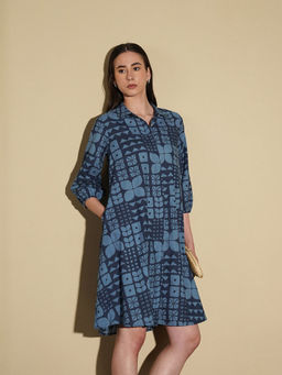 Pink Fort - Blue Cotton Geometric Three-Quarter Sleeve Shirt Collar Dress