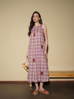 Pink Fort - Beige Cotton Geometric Print Sleeveless Boat Neck A-Line Dress