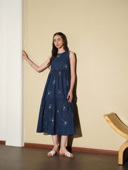 Pink Fort - Navy Blue Cotton Floral A-Line Sleeveless Round Neck Tiered Dress