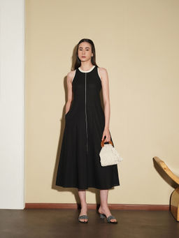 Pink Fort - Black Linen Blend Sleeveless Round Neck Contrast Piping Dress