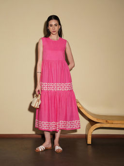 Pink Fort - Pink Cotton Geometric Sleeveless Round Neck Tiered Dress
