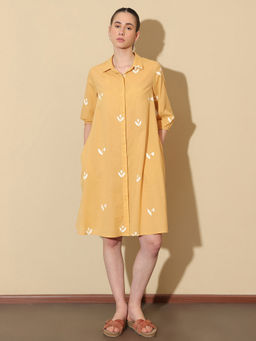 Pink Fort - Yellow Cotton Floral Three-Quarter Sleeve Shirt Collar Dress