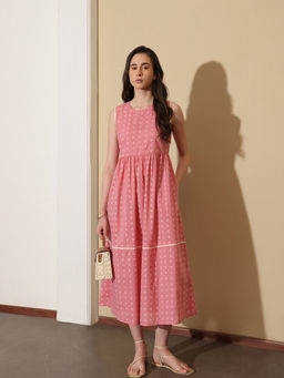 Pink Fort - Pink Cotton Tribal Print Sleeveless Round Neck Dress
