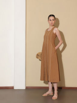 Pink Fort - Brown Cotton Fit And Flare Sleeveless Round Neck Dress