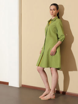 Pink Fort - Green Cotton Colorblock Three Fourth Sleeve Shirt Collar Dress