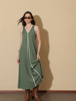 Pink Fort - Olive Linen Blend Colourblock A-Line Sleeveless V-Neck Dress