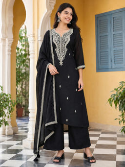 Shaily - Women Silk Blend Embroidered Black Kurta and Palazzo with Dupatta