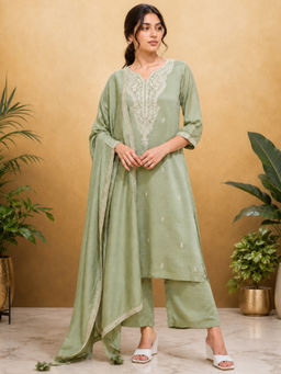 Shaily - Women Silk Blend Embroidered Green Kurta and Palazzo with Dupatta