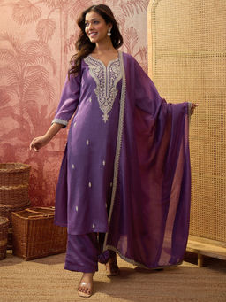 Shaily - Silk Blend Embroidered Lavender Kurta and Palazzo with Dupatta