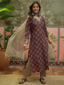 Shaily - Women Pure Cotton Printed Brown Kurta and Pant with Dupatta