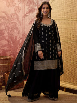 Shaily - Women Silk Blend Embroidered Black Kurta and Sharara with Dupatta