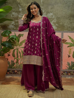 Shaily - Women Silk Blend Embroidered Wine Kurta and Sharara with Dupatta