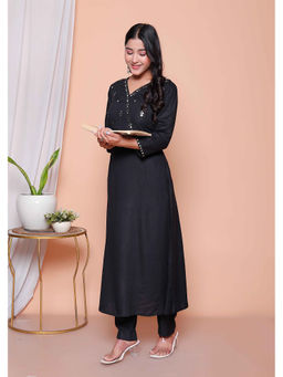 Miravan - Rayon Embellished Black Kurta and Palazzo