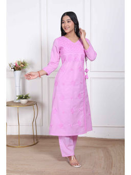 Miravan - Women Cotton Embroidered Pink Kurta and Palazzo