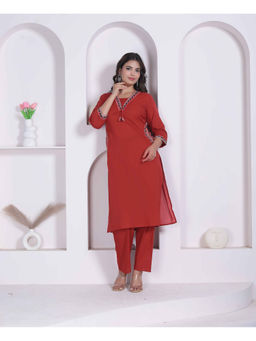 Miravan - Women Cotton Embroidered Red Kurta and Pant
