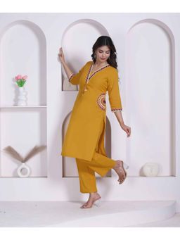 Miravan - Women Cotton Embroidered Yellow Kurta and Pant