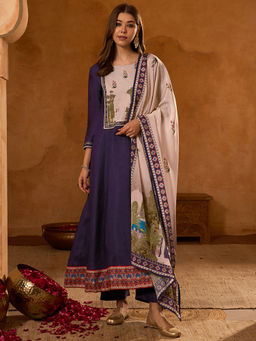 THE52 - Women Viscose Blend Printed Purple Anarkali and Pant with Dupatta