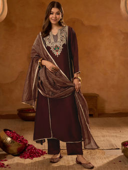 THE52 - Women Viscose Rayon Embroidered Brown Kurta and Pant with Dupatta