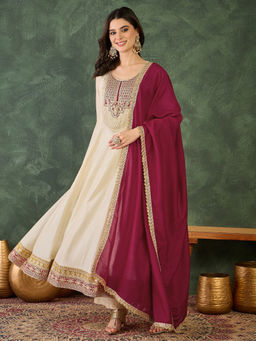 THE52 - Women Silk Embroidered Cream Anarkali and Pant with Dupatta