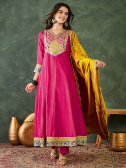 THE52 - Women Silk Embroidered Pink Anarkali and Pant with Dupatta