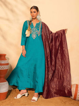THE52 - Women Silk Blend Embroidered Blue Anarkali and Pant with Dupatta