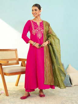 THE52 - Women Silk Blend Embroidered Pink Anarkali and Pant with Dupatta