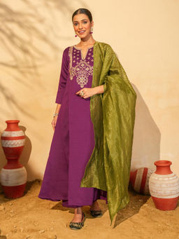 THE52 - Silk Blend Embroidered Purple Anarkali and Pant with Dupatta