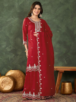 THE52 - Women Silk Embroidered Red Kurta and Sharara with Dupatta