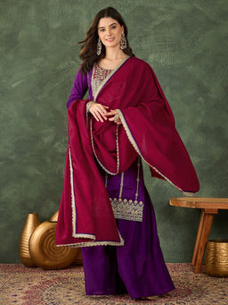 THE52 - Women Silk Embroidered Purple Kurta and Sharara with Dupatta