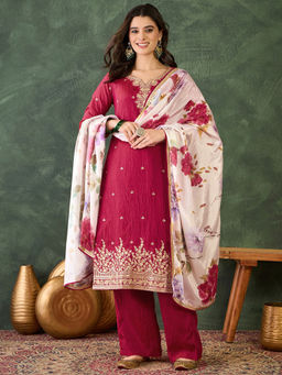 THE52 - Women Silk Embroidered Pink Kurta and Pant with Dupatta