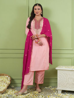 THE52 - Women Silk Blend Embroidered Peach Kurta and Pant with Dupatta