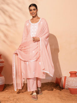 THE52 - Women Cotton Embroidered Peach Kurta and Pant with Dupatta