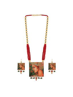 I Jewels - Stylish Portrait Handpainted Wooden Pearl Necklace Jewellery Set (ML283)