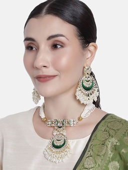 I Jewels - Gold Plated Green Meenakari Pearl & Kundan Choker Necklace Jewellery Set (ML306G)