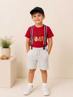 MALKIAT - Boys Red Printed Pure Cotton T-Shirt with Shorts & Cap Suspender