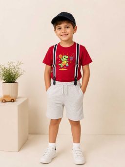 MALKIAT - Boys Red Printed Pure Cotton T-Shirt with Shorts & Cap Suspender