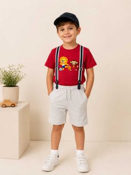 MALKIAT - Boys Red Printed Pure Cotton T-Shirt with Shorts & Cap Suspender