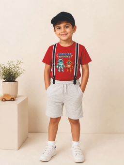 MALKIAT - Boys Red Printed Pure Cotton T-Shirt with Shorts & Cap Suspender