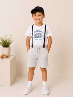 MALKIAT - Boys White Printed Pure Cotton T-Shirt with Shorts & Cap Suspender