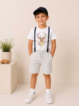 MALKIAT - Boys White Printed Pure Cotton T-Shirt with Shorts & Cap Suspender