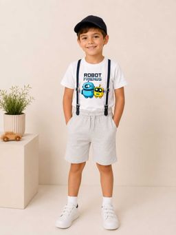 MALKIAT - Boys White Printed Pure Cotton T-Shirt with Shorts & Cap Suspender